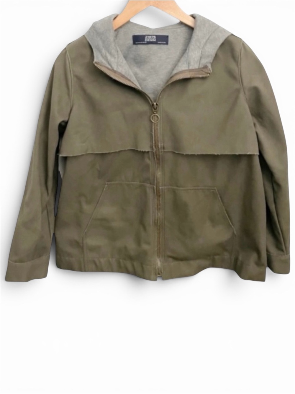 Zara Green & Gray Hooded Zip Up Utility Jacket